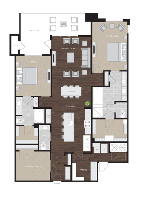 Floor plan for 2 beds, 2.5 baths, 1912 sqft